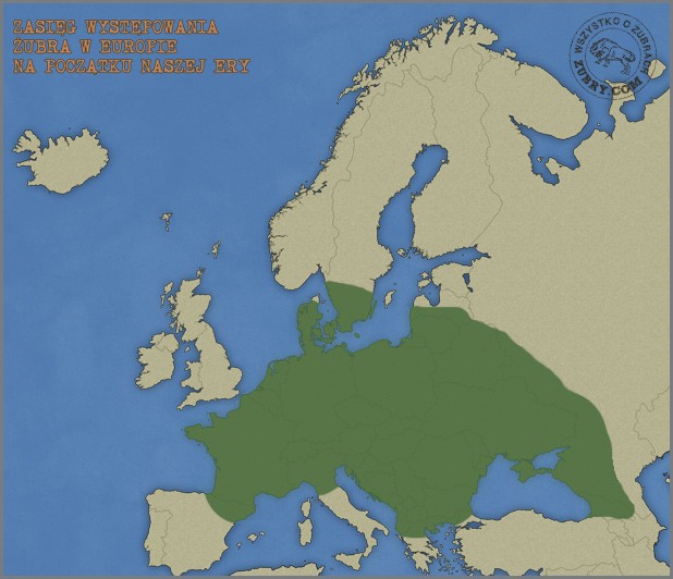 Zasięg występowania żubra (ciemno zielony) na początku naszej ery.