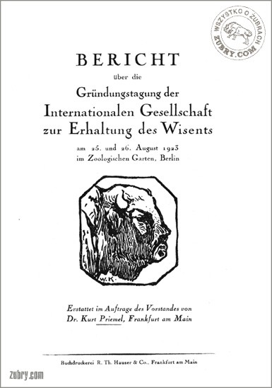 Strona tytułowa raportu z kongresu założycielskiego Międzynarodowego Towarzystwa Ochrony Żubra w 1923 roku