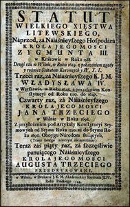 Statuty litewskie strona tytułowa drukowanej wersji z 1744 roku